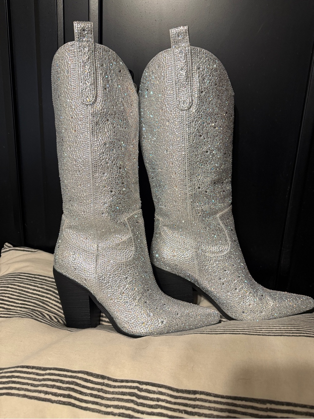 Rhinestone Embellished Silver Western Heeled Boots